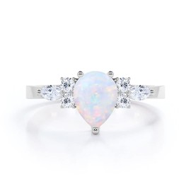 Ayafee Center 1CT Pear Shaped Opal Engagement Rings for Women Platinum Plated Silver White Opal with Moissanite Engagement Ring for Valentine's Day, Anniversary - Size 7