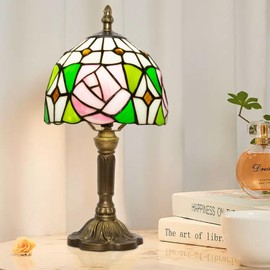 Ppbmocw Small Rose Tiffany Lamp, 8X14 inches Stained Glass Lamp for Bedside,Antique Office,Living Room,Shelf