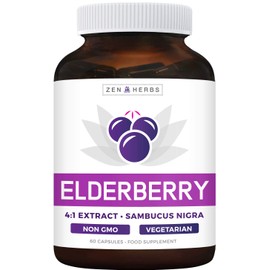 Elderberry 4:1 Extract Capsules (Non-GMO) Equivalent to 2,000mg Fresh Sambucus Black Elderberry Supplement - 60 Vegetarian Capsules (No Pills or Syrup)