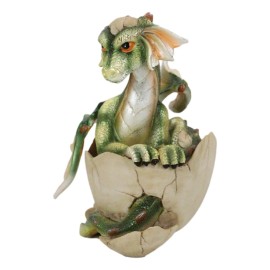 Green Baby Dragon Hatchling Emerging From Egg Sculpture Collectible 3.75"H