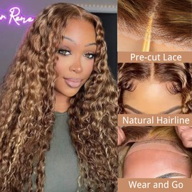 AAKJJ 4/27 Glueless Wigs Human Hair Pre Plucked Pre Cut, Highlight Ombre Deep Wave Wigs, 5x5 HD Lace Closure, No Glue Ready to Wear Wig for Women, Soft, Beginners Friendly, 200 Density, 18 Inch