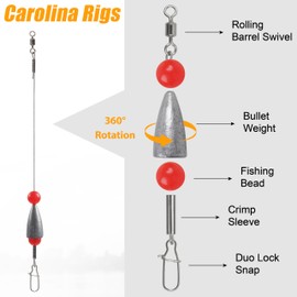 Carolina Rigs for Bass Fishing, 5pcs Pre Rigged Carolina Ready Rigs Steel Fishing Leaders with Bullet Fishing Weights Beads Saltwater Bottom Fishing Rig Kit 1/2oz,5pcs