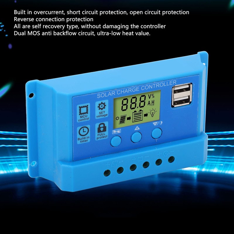 Solar Panel Controller, Blue Parameter Adjustable LCD Display PWM MPPT