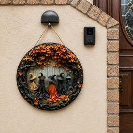 Gothic Witch Wooden Hanging Decor, 7.87-Inch 2D Flat Halloween Wall Sign, Multicolor Seasonal Decoration for Home, Door and Party Display