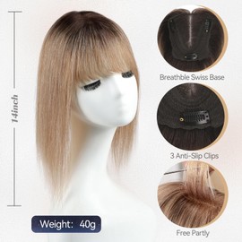 starluck 14 inch Hair Toppers for Women Real Human Hair 4.5"*5" Swiss Lace Base Hand-Tied Hair Topper with Bangs ombre Light Brown Hair Topper for Women with Tinning Hair Add Volume