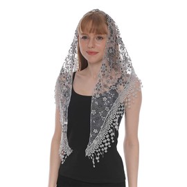 LMVERNA Triangle Lace Mantilla Veil Tulle Scarf Covering Church Veil Church Turban Prayer Veil (Gray-black)