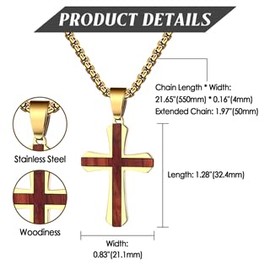 Flongo Wooden Cross Necklace for Men: Mahogany & Ebony Cross Pendant Men's Wooden Cross Pendant Necklace with Gold Stainless Steel Adjustable Box Chain Religious Christian Jewellery Gift, Stainless