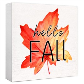 Funny Hello Fall Wood Box Sign Hello Autumn Maple Leaves Wooden Block Desk Decor for Home Office Kitchen Cubicle Table Shelf Tabletop,Farmhouse Fall Sign Decor