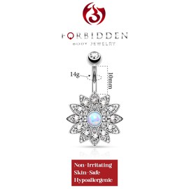Forbidden Body Jewelry CZ Crystal Pave Flower with Opalite Gemstone Center Belly Button Ring, Metal, cubic-zirconia