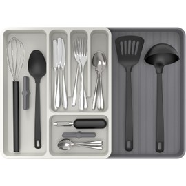 MR.SIGA Organizador de cubiertos expandible, organizador de cubiertos para cajón, organizador de utensilios y bandeja de cubiertos ajustable para cajón de cocina, blanco y gris