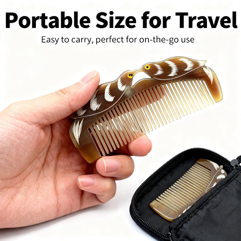 Handmade Buffalo Horn Wide-Tooth Comb, Natural Color, 2 Piece