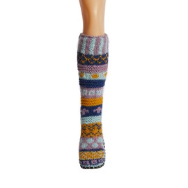 Tibetan Socks Hand Knit Wool Fleece Lined Long Slipper Socks with Non Slip Soles (Purple, M)