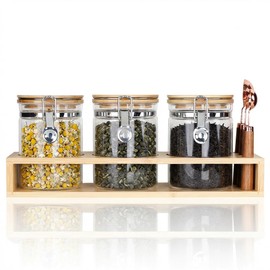 MR.BLACAT Set of 3 Airtight Glass Tea Canisters with Bamboo Lids & Spoons (27oz) - Professional Storage Containers for Loose Leaf Tea to Preserve Ultimate Freshness & Flavor - Elegant Tea Caddy Jars