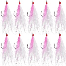 Bucktail Teasers Fishing Hooks Saltwater, 10pcs Fishing Teaser Lures Crystal Mylar Flash Teasers Jig Hooks for Flounder Salmon Trout Striped Sea Bass Bluefish Pink&White