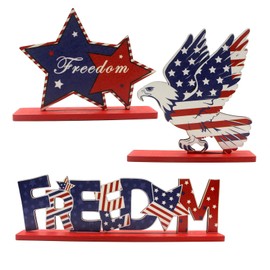 4th of July Decorations Wooden Star Eagle Freedom Patriotic Desk Decor Memorial Day Table Decorations Red White and Blue Decor 3 Pcs