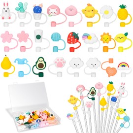 24 Stück Silikon Strohhalmabdeckungen Kappe Wiederverwendbar Niedlich Strohhalm Toppers Strohhalmspitze Abdeckungen Trinkhalmabdeckung für 6-8 mm Strohhalm Stecker Set mit Paket Box