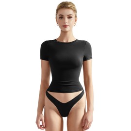 SUUKSESS Women Fitted Basic Tee Cotton Ribbed Crew Neck Summer Short Sleeve Y2K Crop Top Black