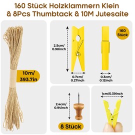 Hengxinc Pack of 168 Mini Wooden Pegs Small Mini Clothes Pegs Wedding Small Wooden Pegs for Polaroid Photos with 10 m Jute String DIY for Photo Wall Display Party (Colour)
