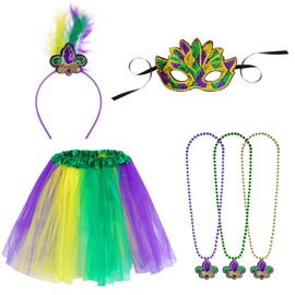 Rthjsfj 6 Pack Mardi Gras Costume Accessories Tutu Skirt Feather Headband Mask and Beads Necklaces for Carnival Parade Celebration Party