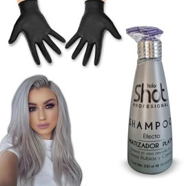 Shampoo matizador plata profesional neutraliza visos amarillos en cabellos rubios, platinados y con canas enriquecido con keratina + guantes de Aplicacion ALFAMAR