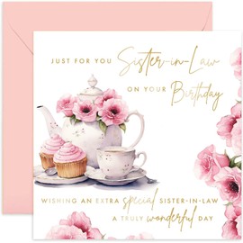 Old English Co. Birthday Card Sister-in-Law - Special Birthday Card for Her - Extra Special Sis-in-Law Pink Flowers and Teapot with Gold Foil - From Family 40th, 50th, 60th, 70th | Blank Inside