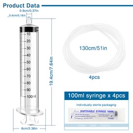VooGenzek 4 Pieces 100 ml Large Plastic Liquid Measuring Tool with 4 130 cm Hoses, Plastic Multi-Purpose Tubes for Laboratory, Animal Feeding, Plant Watering, Individually Sealed
