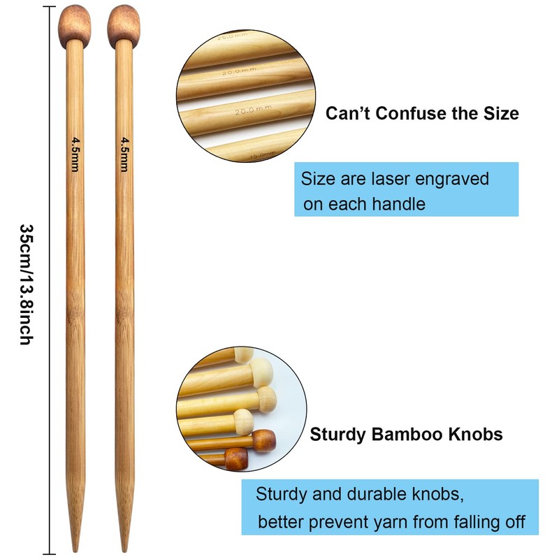 Weabetfu Bamboo Knitting Needle Straight Single Pointed 13.8-inch Length Knitting