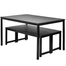 Black Dining Set with Bench,JULYFOX 3 Piece Modern Dining Room Tables and Chairs Set for 4-Metal and Wood Kitchen Table Set for Small Spaces