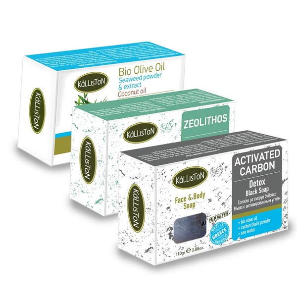 Kalliston | ACTIVATED CARBON DETOX, ZEOLITHOS, and SEAWEED AND COCONUT MASSAGE SOAP | Organic Olive Oil Detox Face & Body Soaps | All Natural Soaps | Made in Ancient Crete, Greece | 110g Each | Pack of 3