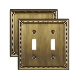 ZILLSEA Double Toggle Light Switch Covers, 2-Pack Metal Switch Plate Covers, Decorative Sunken Pearls Wall Plates, 2-Gang, Antique Brass, 4.96''*4.88'', Midsize