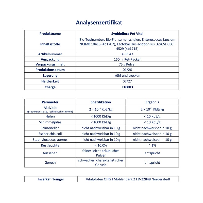 Vitalpfoten Synbioflora Pet Vital Probiotic for Dogs and Cats 75