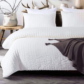 NTBAY 3 Pieces Queen Duvet Cover Set, Seersucker Textured Stripe Washed Microfiber Comforter Cover with Zipper Closure, 90 x 90 Inches, White