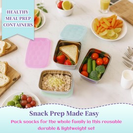 Tanjiae 3-Pack Stainless Steel Snack Containers for Kids & Toddlers - 550ml (18oz) Leakproof Reusable Food Containers with LFGB Certified Lids | Stackable Metal Lunch Box for Daycare, School, Travel