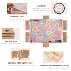 DIKASHI 2000 Pieces Rotating Puzzle Board with 6 Drawers, Lazy Susan & Transparent Cover, 40.1"x28.5" Portable Wooden Jigsaw Puzzle Board, Great Gift for for Puzzle Enthusiasts