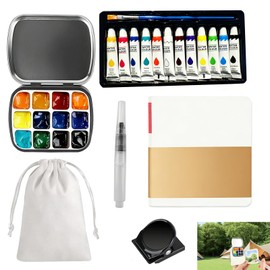 Cfanibo 6 Pcs Portable Watercolor Palette Travel Set,12 Grids 6ml Travel Painting Set with Metal Magnetic Clips, Sketchbook, Brush, Velvet Travel Bag for Painting Lovers, Artists, Beginners, Black