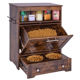 Dog Feeding Station with Storage,Pet Feeding Station Food Storage Cabinet with 2 Elevated Dog Bowls for Water and Feeding Supplies,Dog & Cat Storage Organizer with Drawer,Brown