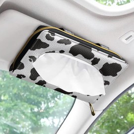 Biyejit Car Tissue Holder, Black and White Cow Print Sun Visor Napkin Holder, Car Visor Tissue Holder, PU Leather Backseat Tissue case Holder for car, Vehicle