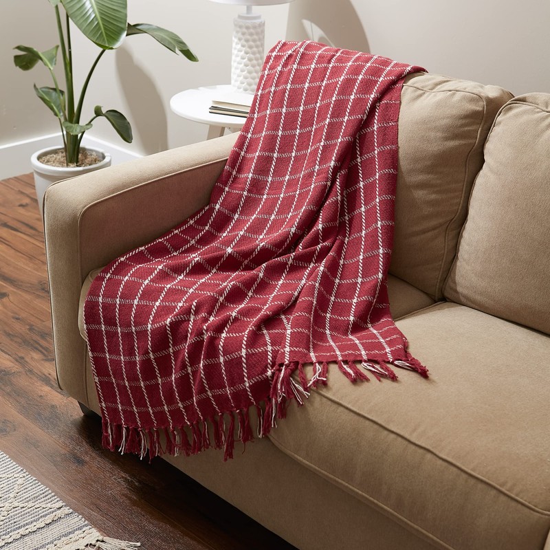 DII Transitional Checked Plaid Woven Throw, 50x60, Barn Red