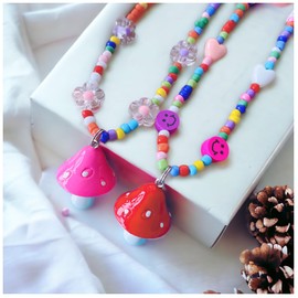 CHABAEBAE 2pc Beaded Choker Necklaces, Smiley Face & Mushroom Pendant Necklaces | Beaded Necklaces for Women & Girls