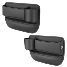 CONEATI 2-Pack Car Leather Cup Holder Gap Bag, Adjustable Car Seat Gap Storage Box Leather with Cup Holder for Phones Glasses Keys Cards (Black. Driver- Passenger)