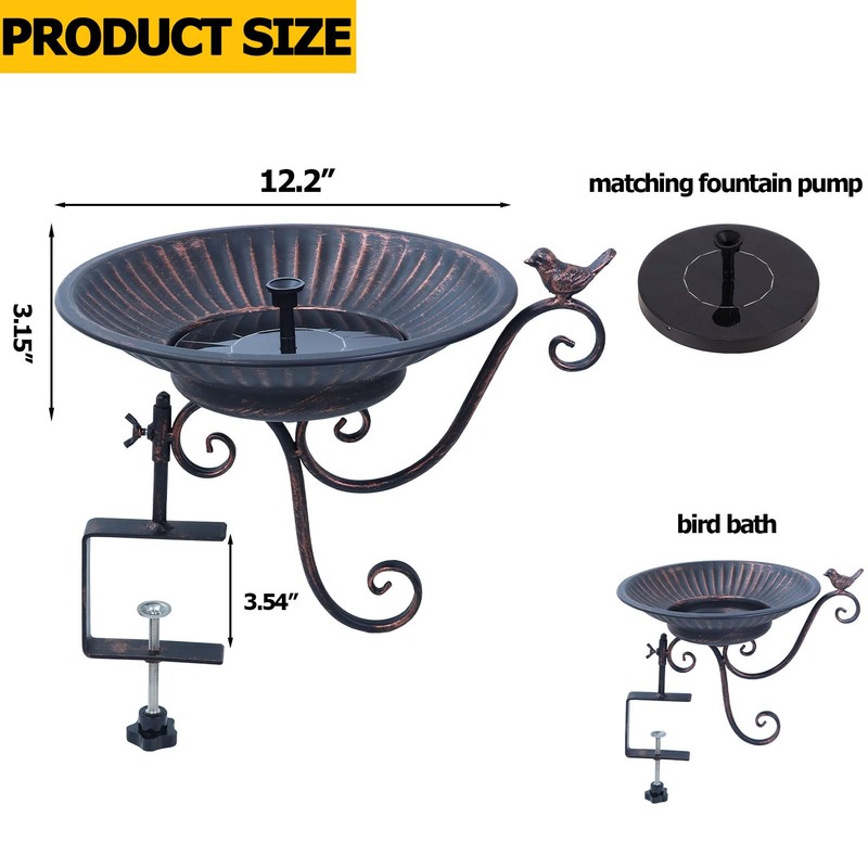HLQMFHT Solar Bird Bath,Deck Bird Bath with Solar Fountain,Metal Bird