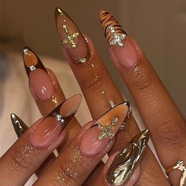 MERVF Almond Press on Nails Medium Fake Nails Brown French Tip Glue on Nails with Gradient Design 3D Gold Acrylic Stiletto Goth False Nails for Women Cross Press ons Glossy 24pcs