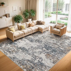 Area Rugs 9x12 Living Room - Modern Abstract Large Rugs for Living Room Non-Slip Low Pile Soft Machine Washable Carpet for Bedroom, Under Dining Table, Nursery, Farmhouse (9'x12' Tan Blue)