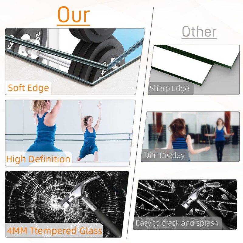 pertetey Home Gym Mirror, 48X24 Inch(1Pack) Large Frameless Tempered Glass