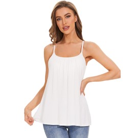Air Curvey Camisole for Women Bulid in Bra Casual Flowy Cami Adjustable Spaghetti Strap Tank Top Pleated Loose Fit White XXXL