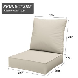 Pakunoda Outdoor Seat Cushion Set 24 x 24 x6.5 Inch Splash-Proof & Fade Resistant Patio Furniture Cushions with Removable Cover Deep Seat & Back Cushion with Straps for Chair Sofa Couch