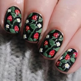 24Pcs Press on Nails Short Square False Nails with Cute Strawberry Nails Press on with Flower Leaves Design Black Acrylic Fake Nails Summer Full Cover Gloss Glue on Nails for Women Girls