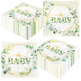 Sage Green Baby Shower Party Supplies,48Pcs Spring Eucalyptus Baby Napkins Green Gold Foil Eucalyptus Leaf Paper Napkins for Boho Boy or Girl Gender Reveal Party Decorations