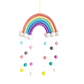 Ieron Rainbow Tapestry Clouds Hanging Decor Handmade Braided Cords Pom-Pom Macrame Woven Felt Balls Wall Hanging Nursery Decor Cute Home Bedroom Accessories Party Decor