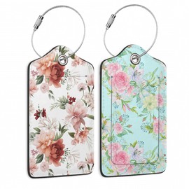 Watercolor Floral Hand Painting Luggage Tags for Suitcases, 2 Pack Cute PU Leather Suitcase Tag Identifiers with Address Card for Baggage Tag